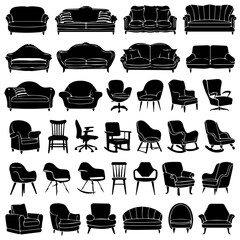 Collection of black silhouette icons depicting various furniture types including sofas, chairs, tables, beds, lamps, and cabinets, arranged in rows on a white background.
