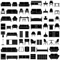 Collection of black silhouette icons depicting various furniture types including sofas, chairs, tables, beds, lamps, and cabinets, arranged in rows on a white background.