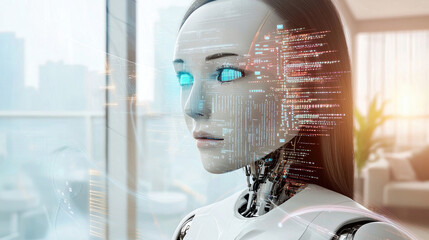 A close-up of a female-presenting robot with visible data streams overlay