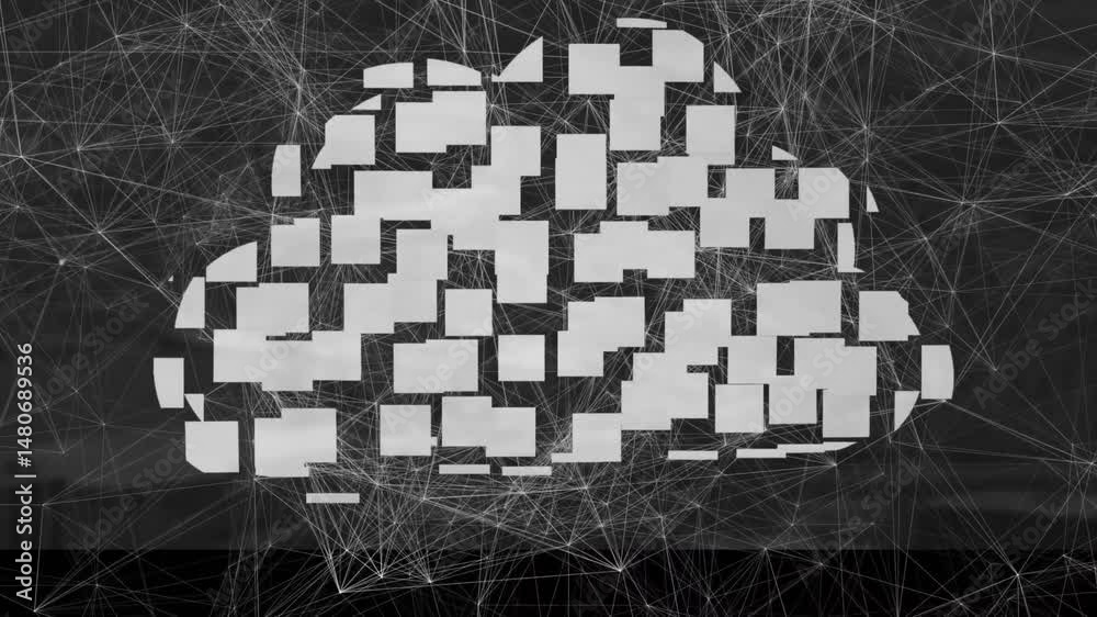 Poster animating pixelated cloud floating over dark network grid in flat design, showing block links