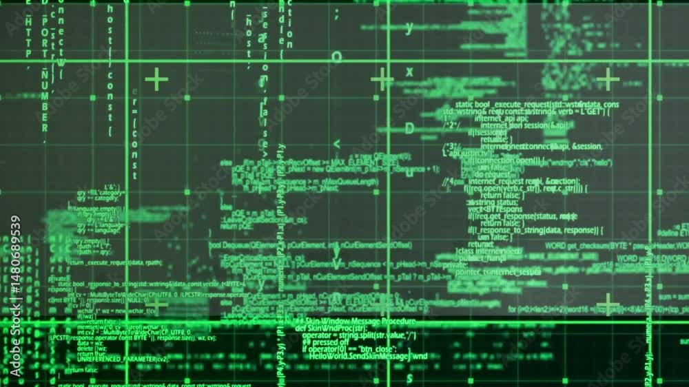 Poster Green programming code scrolling on digital console, showing gridline overlays for technology