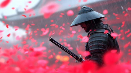 Samurai in Rain Amidst Falling Red Petals