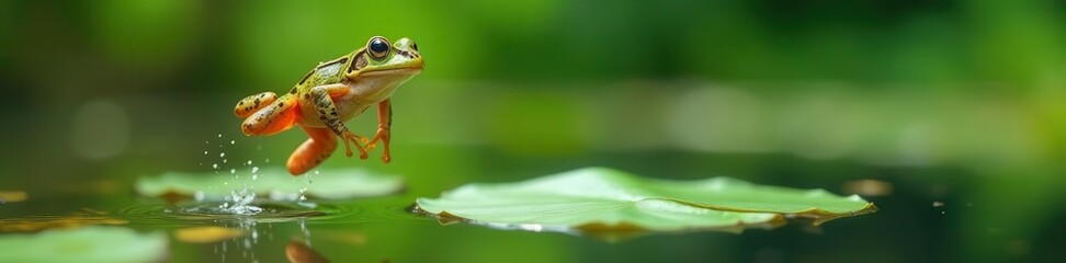 A frog launching into the air from a lily pad , horizontal, amphibian