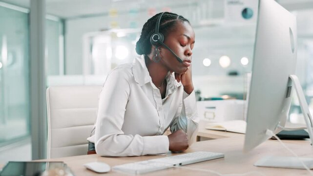 Call center, thinking and black woman in office bored for customer service, online help and CRM support. Professional, consultant and tired worker on computer for feedback, contact us and advice