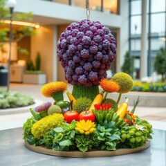 Colorful Fruit and Vegetable Garden Art Arrangement with Vibrant Floral Accents