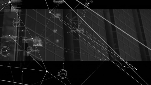 Monochrome network nodes connecting over highrise facade, displaying floating charts and gauges