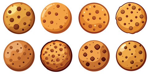 Fototapeta premium Chocolate chips cookies vector set illustration, Vector set of chocolate chip whole cookies isolated on white background. homemade biscuit cookie symbol collection. top view of flat cookie clipart