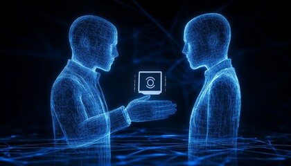 AI agent hologram symbolizing agentic autonomy for collaboration with the human workforce using autonomous agents to work in business partnership