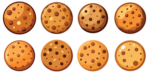 Fototapeta premium Chocolate chips cookies vector set illustration, Vector set of chocolate chip whole cookies isolated on white background. homemade biscuit cookie symbol collection. top view of flat cookie clipart