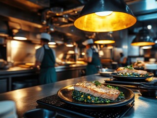 Obraz premium Gourmet Salmon Dish Presentation in Restaurant Kitchen; chefs preparing food, eye-level view, culinary arts, professional cooking, fine dining experience