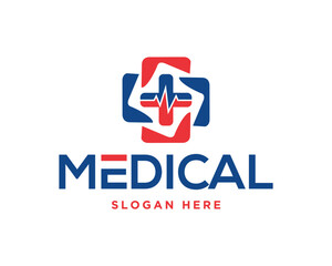 Modern medical logo design featuring a plus sign heartbeat symbol in blue and red vector template