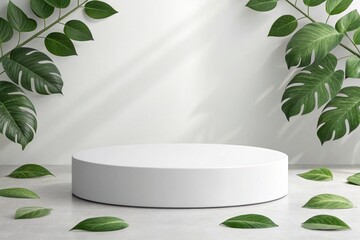 white isolated backround white podium nature monstera deliciesa leaves. its walpaper