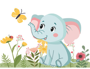  baby elephant in the meadow looks at the butterfly