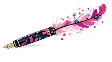 Artistic Fountain Pen with Feather and Colorful Bubbles on White Background Creative Writing Concept