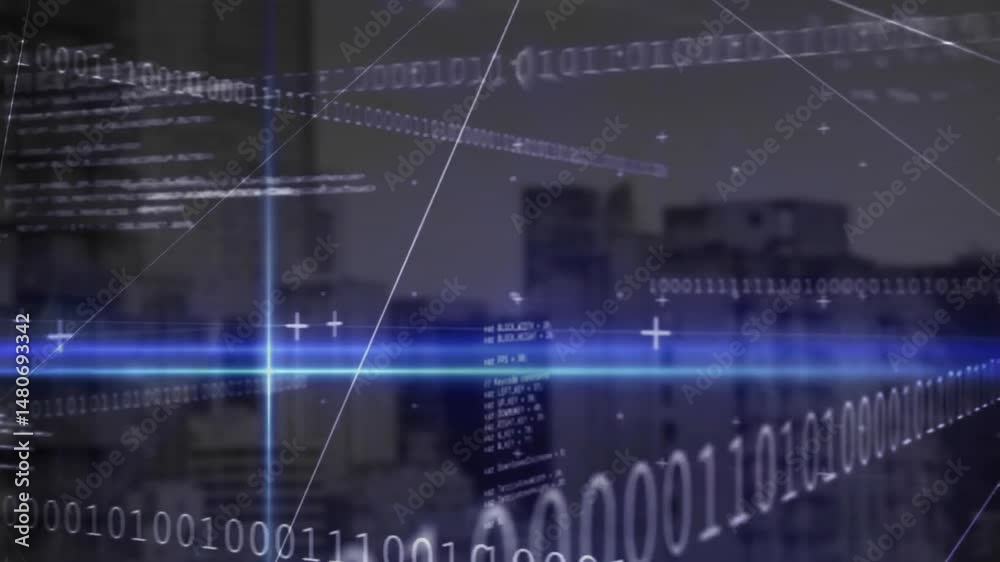 Poster designers exploring virtual technology data grid, with neon light beams, binary code, network lines