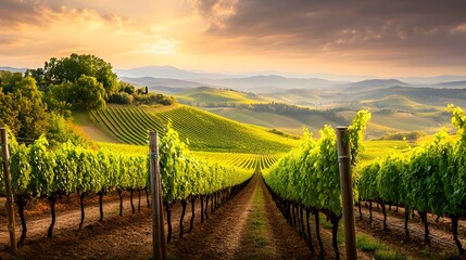 Naklejka premium Scenic vineyard landscape at golden hour.