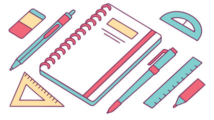 Colorful Back to School Supplies Notebook Pens Rulers and More A cheerful illustration of essential stationery items for