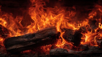 Intense flames consume charred wooden logs
