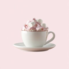 Pink hot chocolate topped with fluffy marshmallows in a white cup