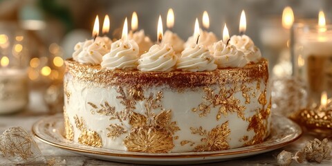 Birthday cake celebration: a birthday cake with candles is the center of a cozy celebration, and captures the atmosphere with elegant decor.