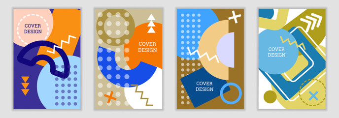Bright background in Memphis style. Set of geometric cover designs. Fashionable bright cover, banner, poster, booklet. Bright colors. Vector
