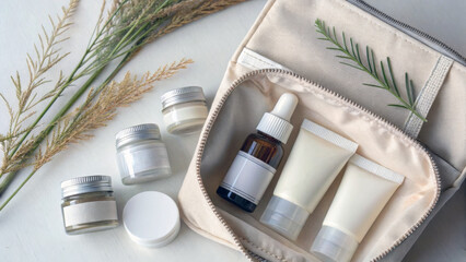 Travel-size eco cosmetic containers in fabric pouch, flat lay. Generative AI 