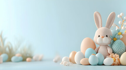 Fototapeta premium Adorable Knitted Easter Bunny with Pastel Eggs on Light Blue Background
