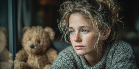 Melancholy by the Window: A pensive individual, with a contemplative gaze, is seated by a window with a teddy bear, evoking a mood of quiet introspection and deep emotional reflection.