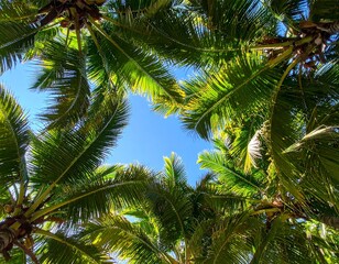Fototapeta premium Tropical palm canopy from below, looking up at blue sky, with sharp light and soft