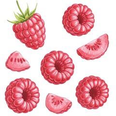 Watercolor Illustration of Raspberries &ndash; Whole and Sliced, Isolated on White Background