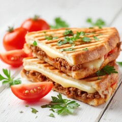 Obraz premium Close-up of two stacked sloppy joe grilled cheese sandwiches on white wood table with tomatoes and parsley garnish