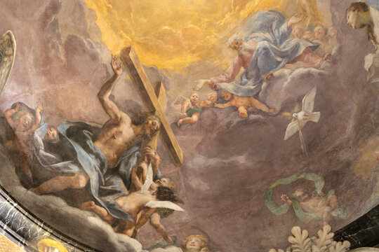 FLORENCE, ITALY - MARCH 19, 2025: The detail of fresco of Holy Trinity in the chuch Basilica della Santissima Annunziata probably by Jacopo Vignali (1592 &ndash; 1664)