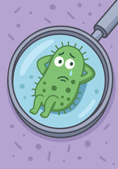  A sad bacterium under a microscope.
Cartoon illustration of a green bacterium under a magnified glass. antiseptics, diseases, microbial control, immunity, medical education. Fight against bacteria