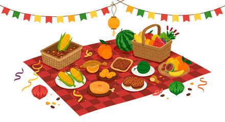 Colorful festive picnic scene with fruits, corns, lantern, and pennant banner, celebrating a cultural harvest festival.