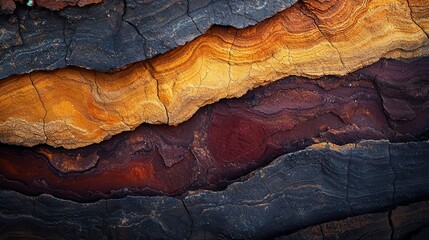 Arizona clay sedimentary layers revealing dramatic stratification with rich burgundy, golden orange and slate blue mineral bands forming natural abstract pattern