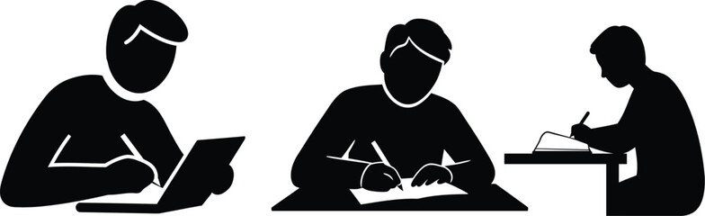 Students diligently studying working on laptops and notebooks focused learning Simple black