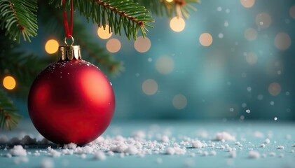 A single, shiny red Christmas ball ornament hanging against a blurred, festive background , red christmas ball, christmas element