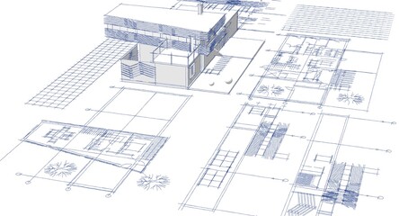  residential house plan sketch 3d illustration