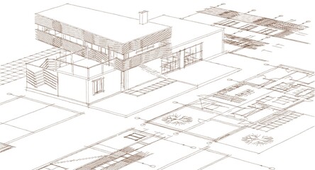  residential house plan sketch 3d illustration