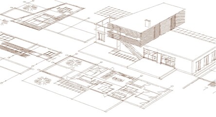  residential house plan sketch 3d illustration