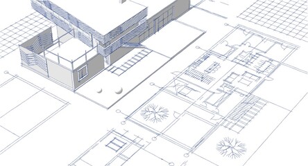  residential house plan sketch 3d illustration