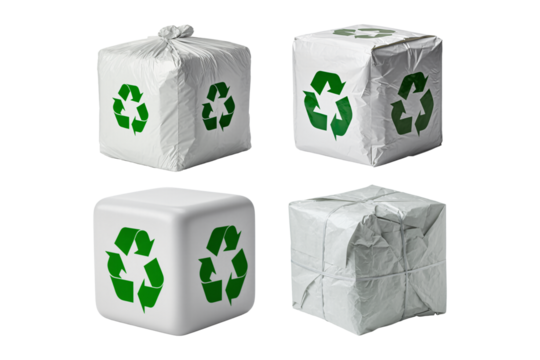Set of 4 recycle waste compressed into cubes and wrap on plastic and paper white on isolated transparent background.