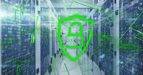 Displaying green shield and padlock moving through data center with server racks and binary code - Powered by Adobe