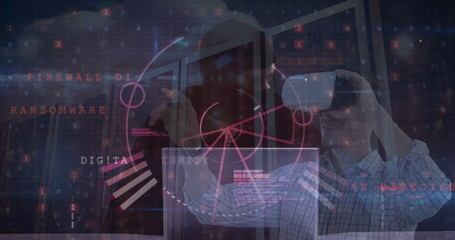 Image of cyber security data processing over male hacker and caucasian man wearing vr headset