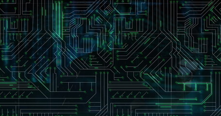 Image of microprocessor connections over male hacker using laptop