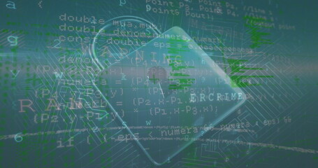 Obraz premium Image of network of connections and binary coding data processing over purple background