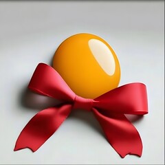 Yellow yolk with festive red ribbon on light background, Easter elegant concept.
