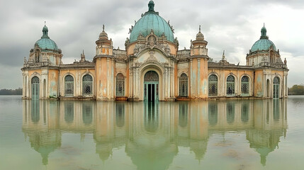 Fototapeta premium A grand, decaying palace partially submerged in calm water, reflecting its weathered grandeur
