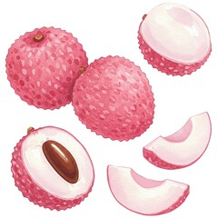 Watercolor Illustration of Lychee &ndash; Whole and Sliced, Isolated on White Background