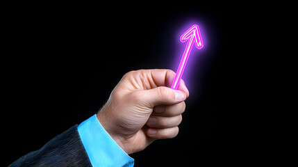 Hand Holding Glowing Purple Arrow Against Dark Background